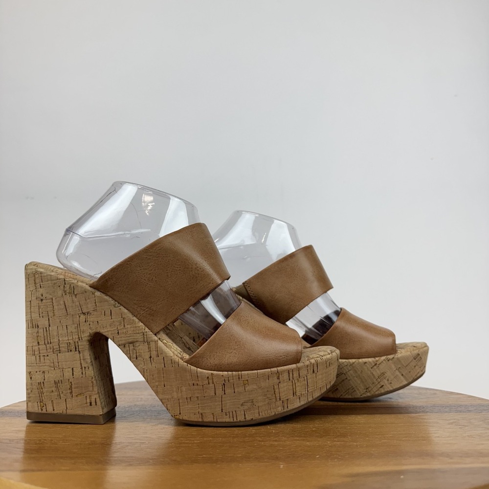 Womens Korks Kork-Ease Dezi Tan Leather Cork Block Heels Sandals Size 11 M EUC